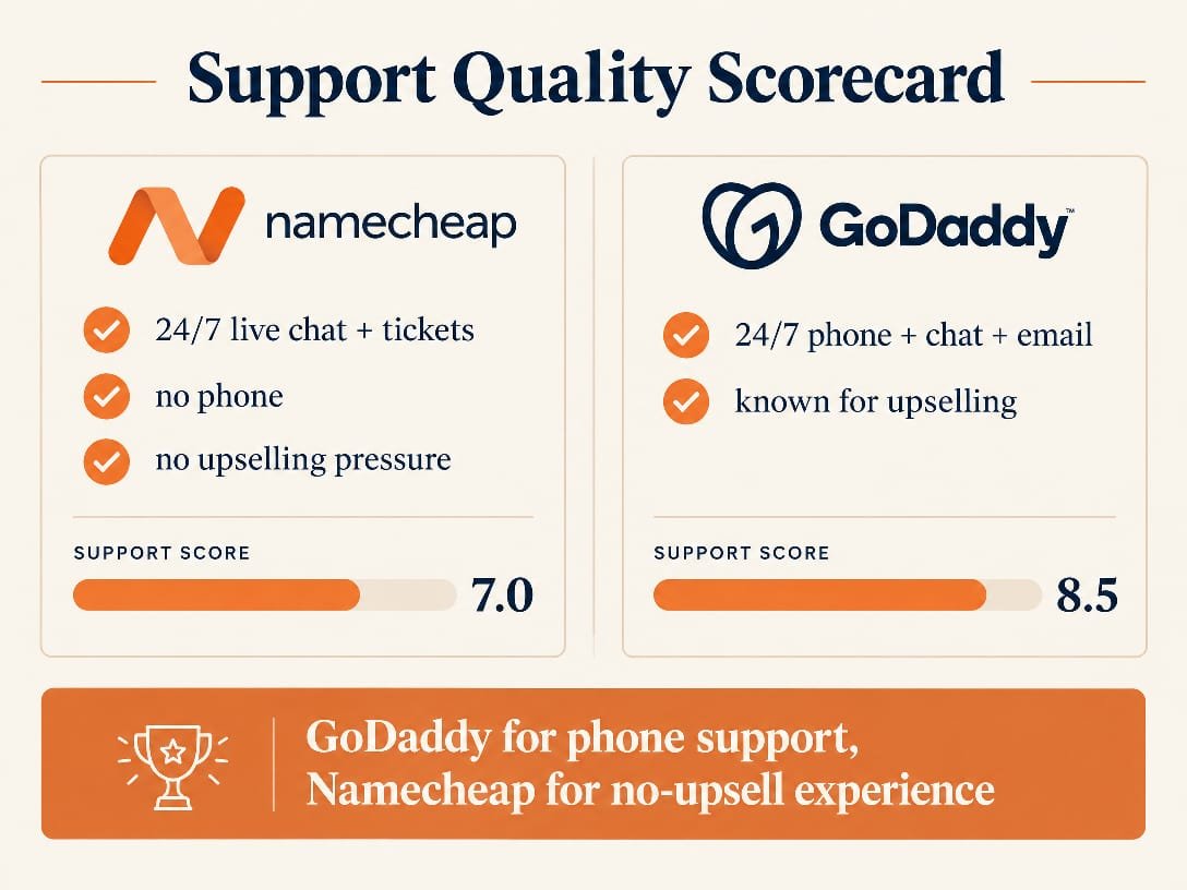 Namecheap vs GoDaddy support quality scorecard 2026 - Namecheap 24 7 live chat and tickets scoring 7.0, GoDaddy 24 7 phone chat and email scoring 8.5