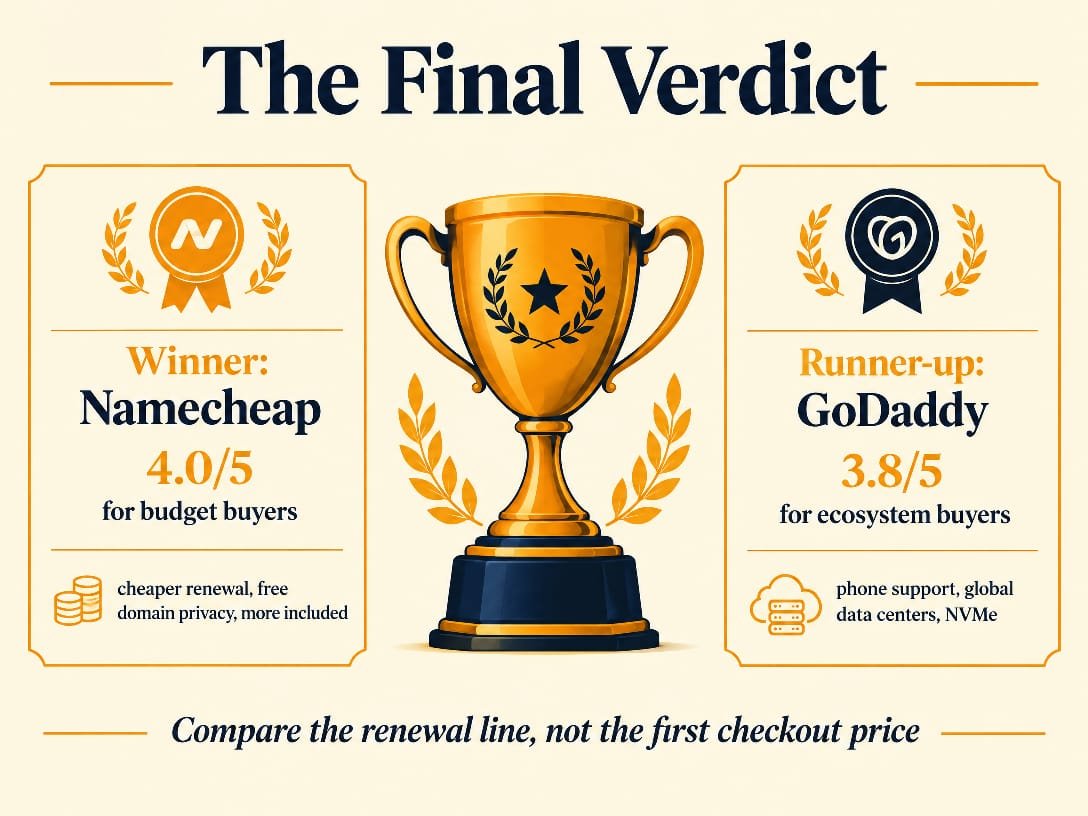 Namecheap vs GoDaddy 2026 final verdict - winner Namecheap 4.0 out of 5 for budget buyers, runner up GoDaddy 3.8 out of 5 for ecosystem buyers