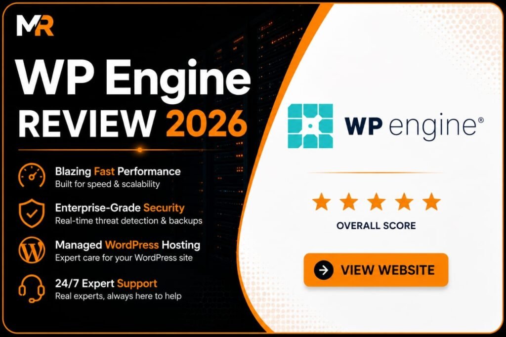 WP Engine Review 2026 featured image showing blazing fast performance, enterprise-grade security and managed WordPress hosting