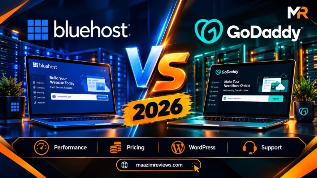 Bluehost vs GoDaddy 2026 hosting comparison covering performance, pricing, WordPress and support