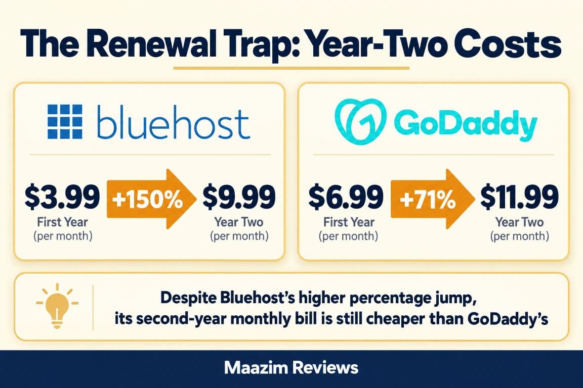 Bluehost vs GoDaddy renewal trap 2026 - Bluehost jumps 150 percent from 3.99 to 9.99 per month, GoDaddy jumps 71 percent from 6.99 to 11.99, Bluehost still cheaper in year two