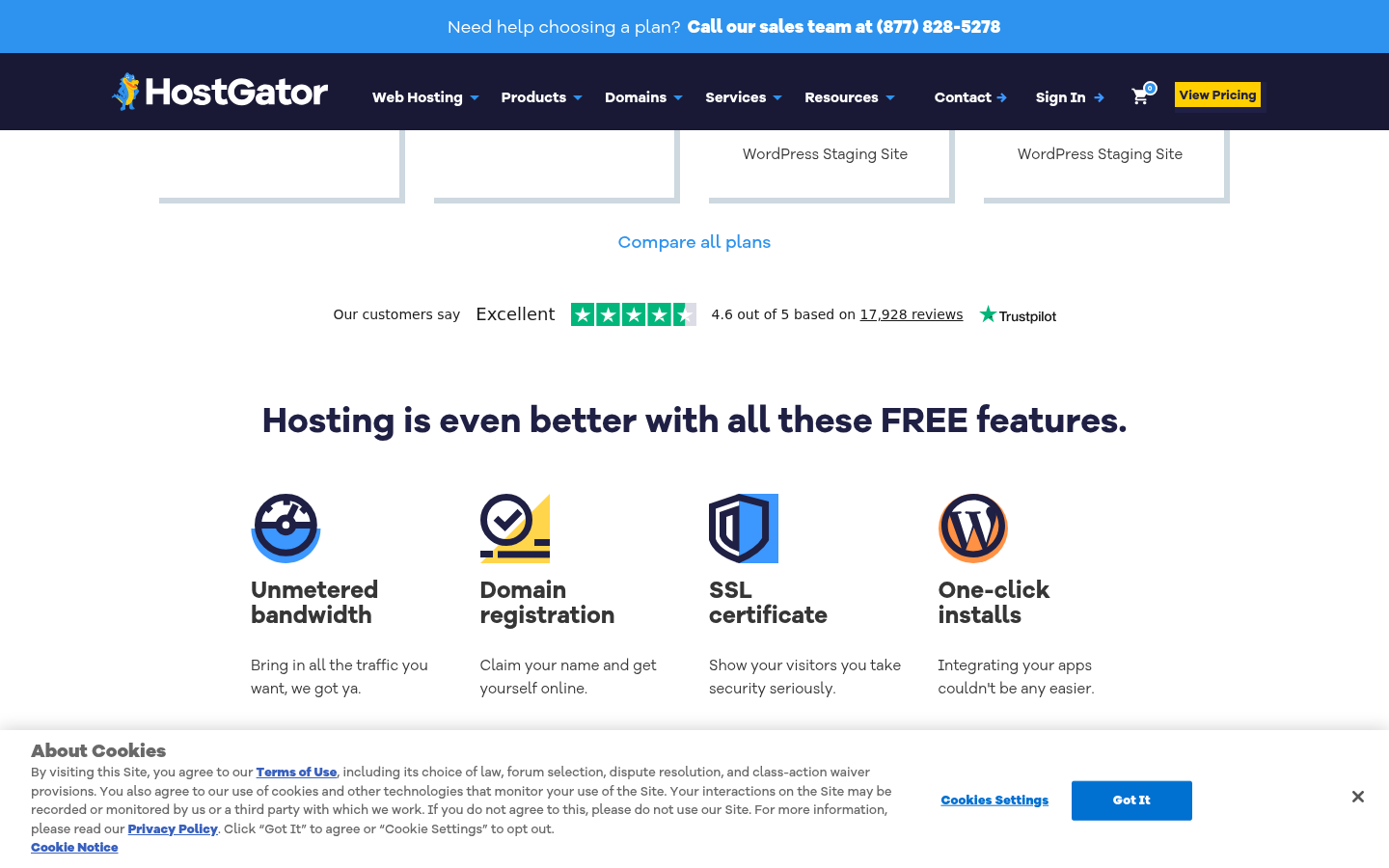 HostGator free features 2026 — free SSL, free domain first year, free Cloudflare CDN, malware scanning included