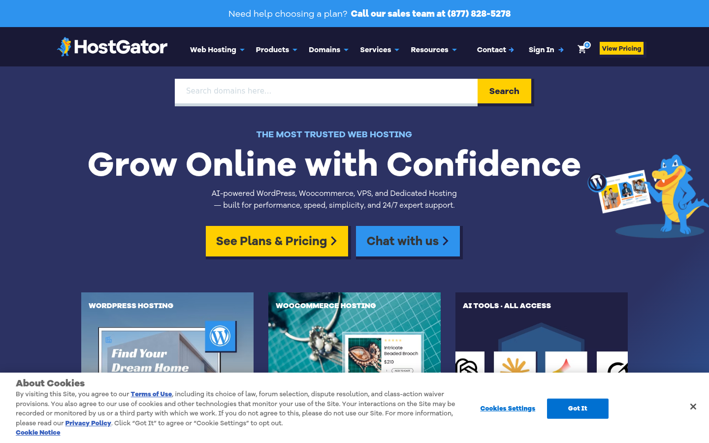 HostGator's official homepage 2026 — The Most Trusted Web Hosting, shared hosting plans from $3.75 per month