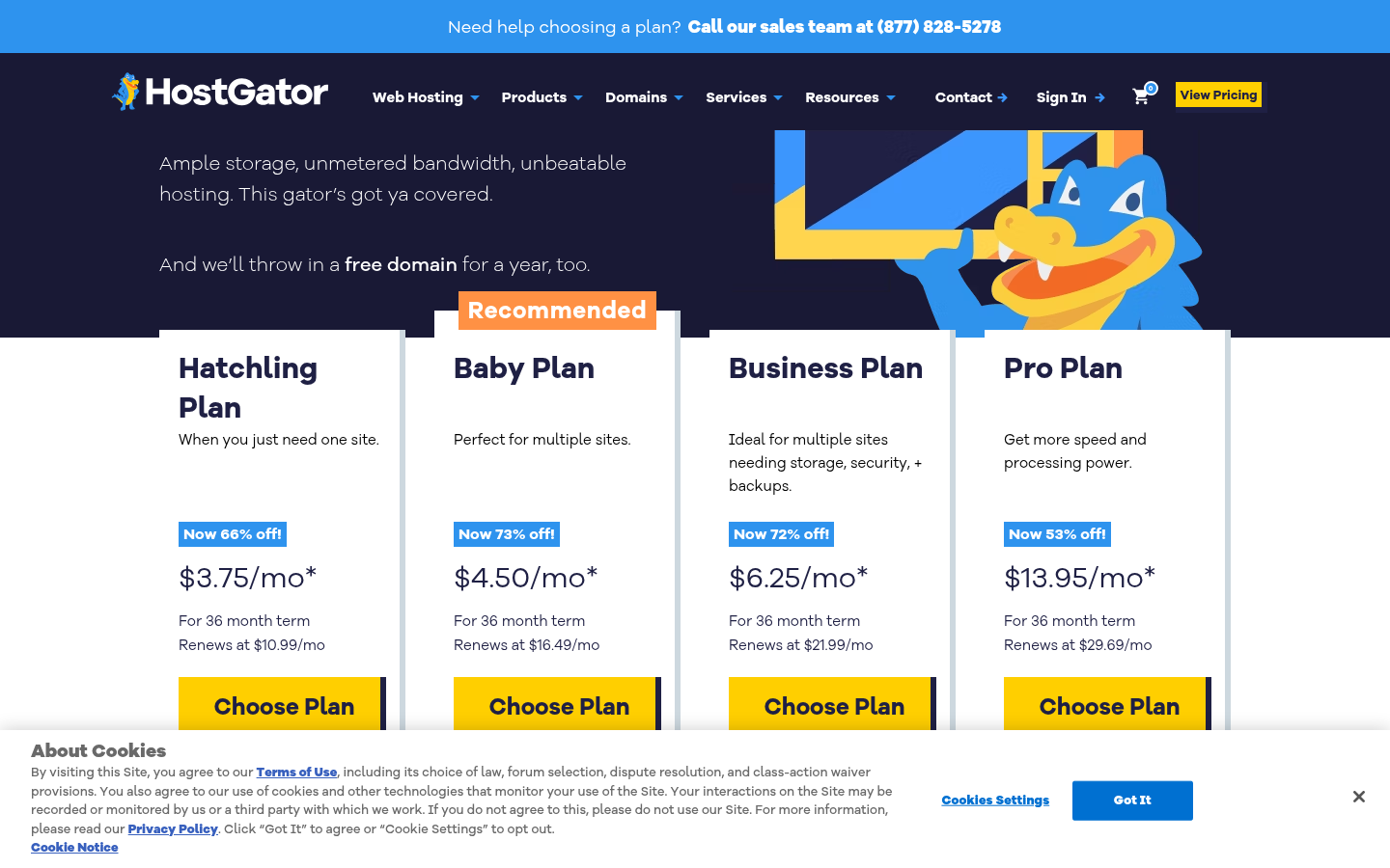 HostGator shared hosting plans pricing October 2026 — Hatchling $3.75/mo, Baby $4.50/mo, Business $6.25/mo with renewal rates
