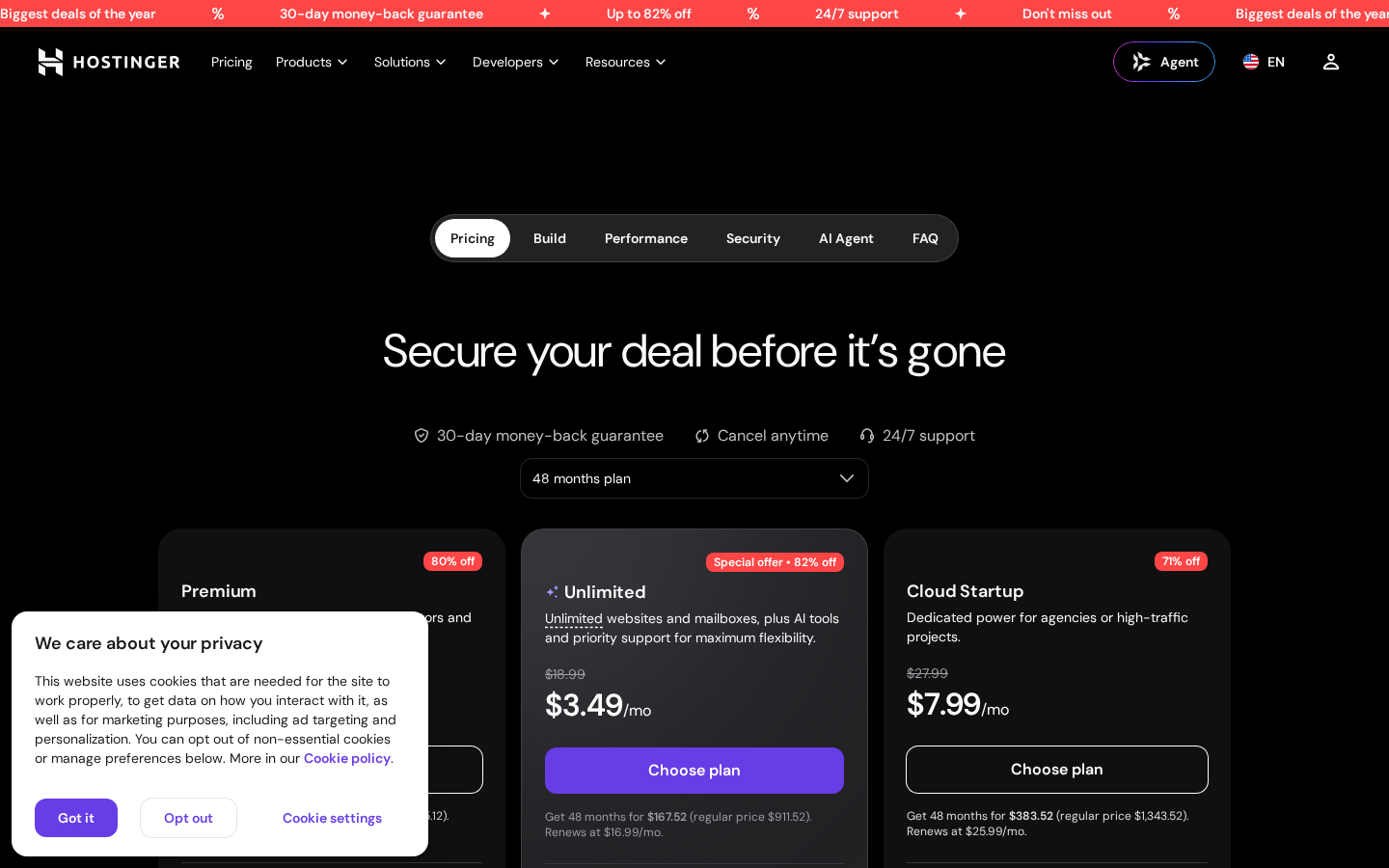 Hostinger Black Friday 2026 live pricing screenshot - Premium 2.49/mo Unlimited 3.49/mo Cloud Startup 7.99/mo
